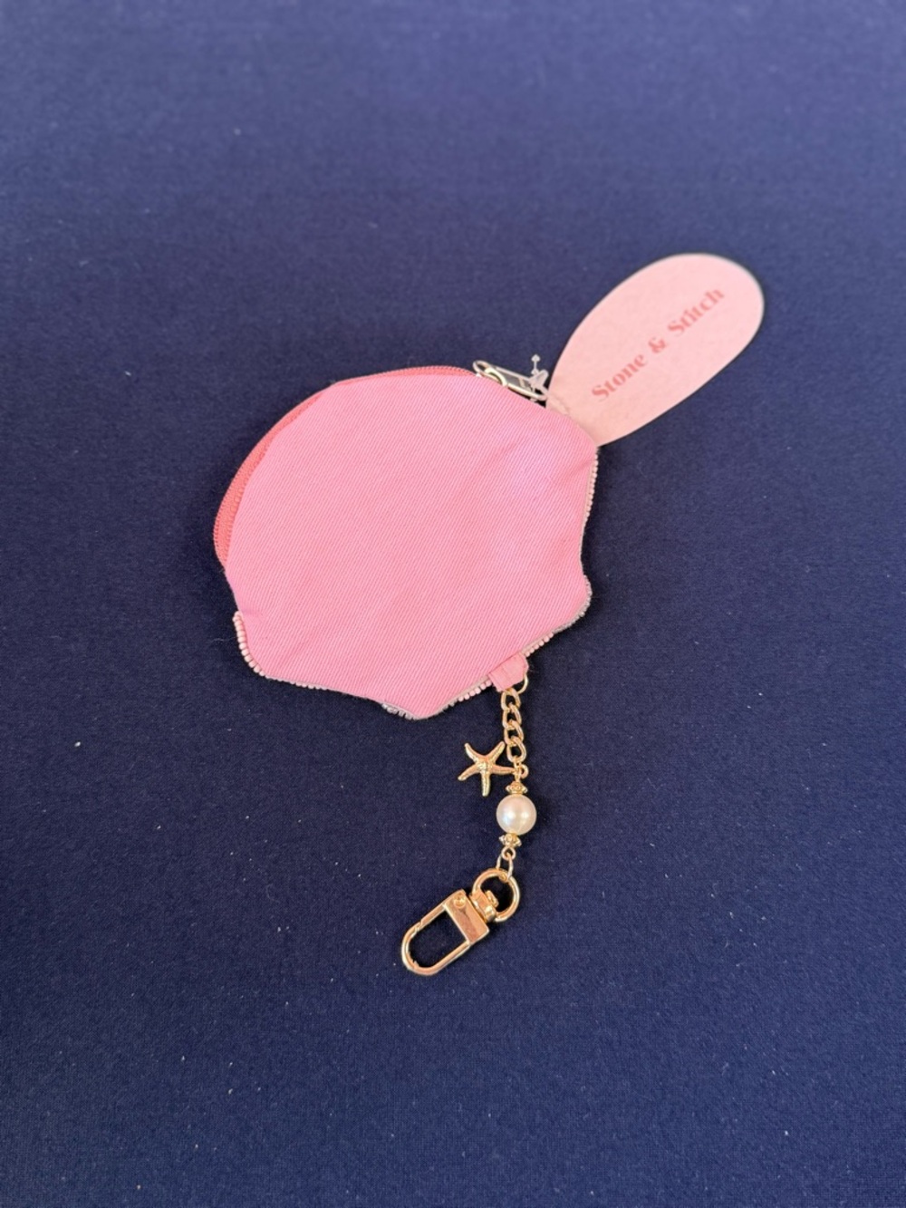 Pink Beaded Shell Keychain zip pouch - Picture 2 of 2